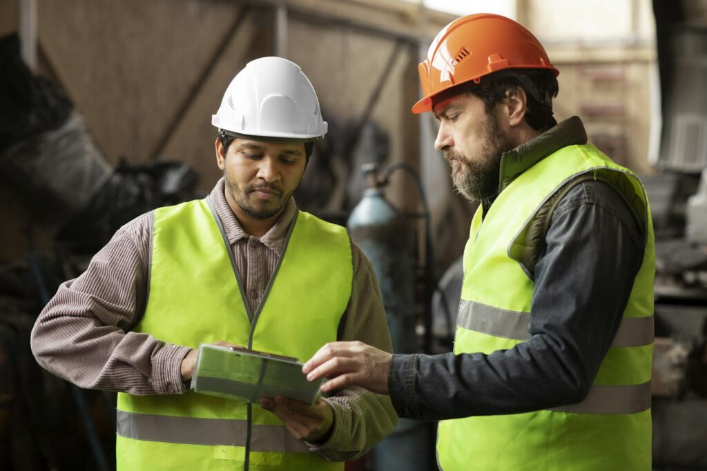 Two workers in safety vests and hard hats reviewing a tablet on site